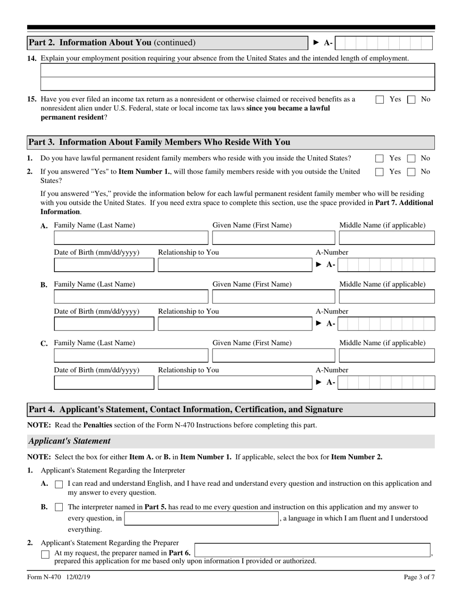 USCIS Form N-470 Application to Preserve Residence for Naturalization Purposes, Page 3