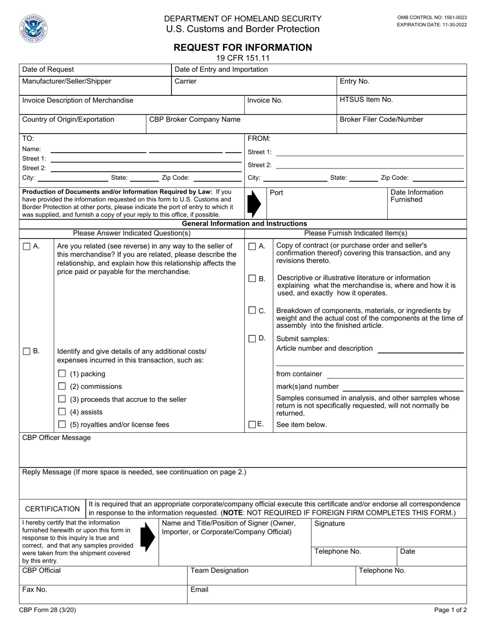 CBP Form 28 Request for Information, Page 1
