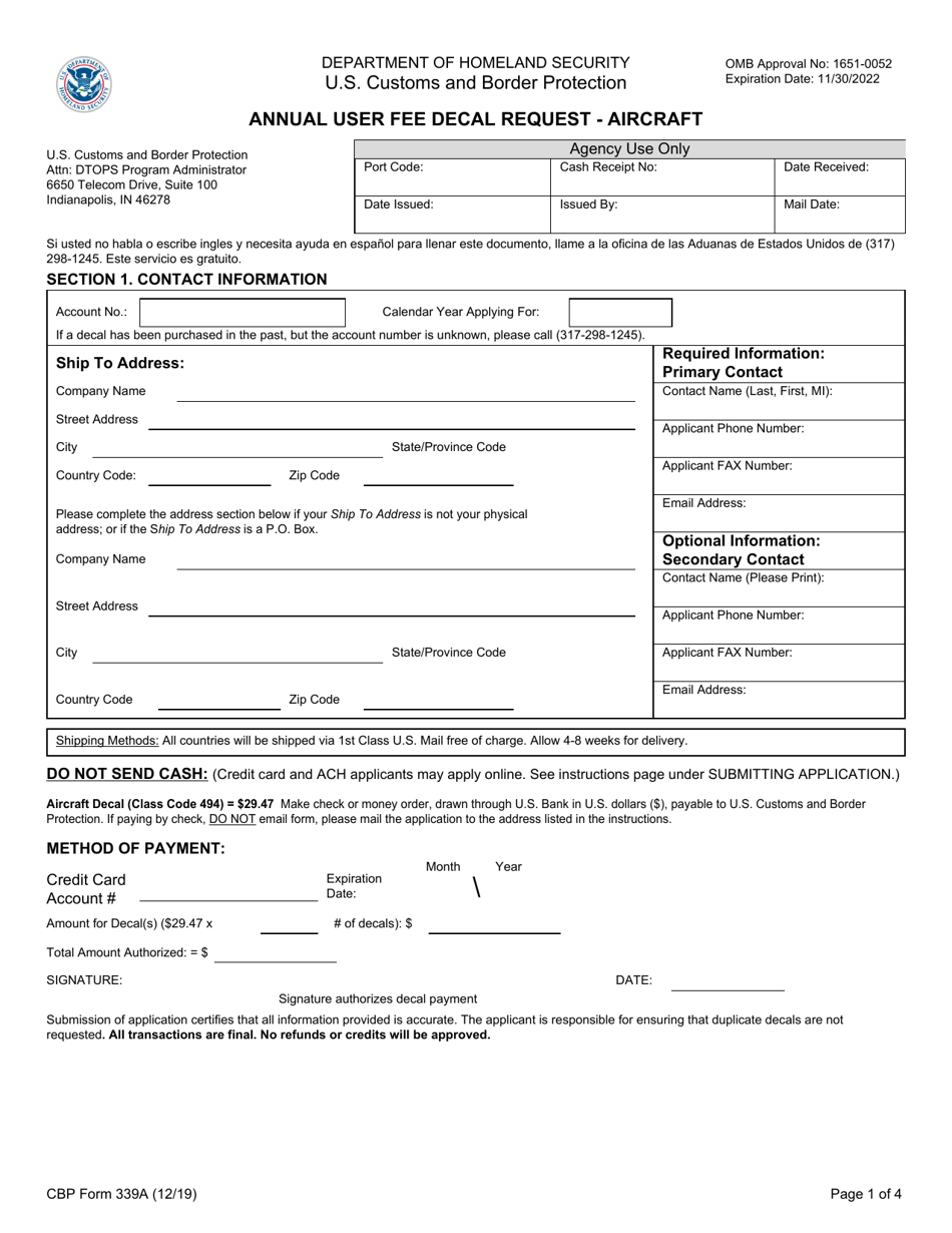 CBP Form 339A Annual User Fee Decal Request - Aircraft, Page 1