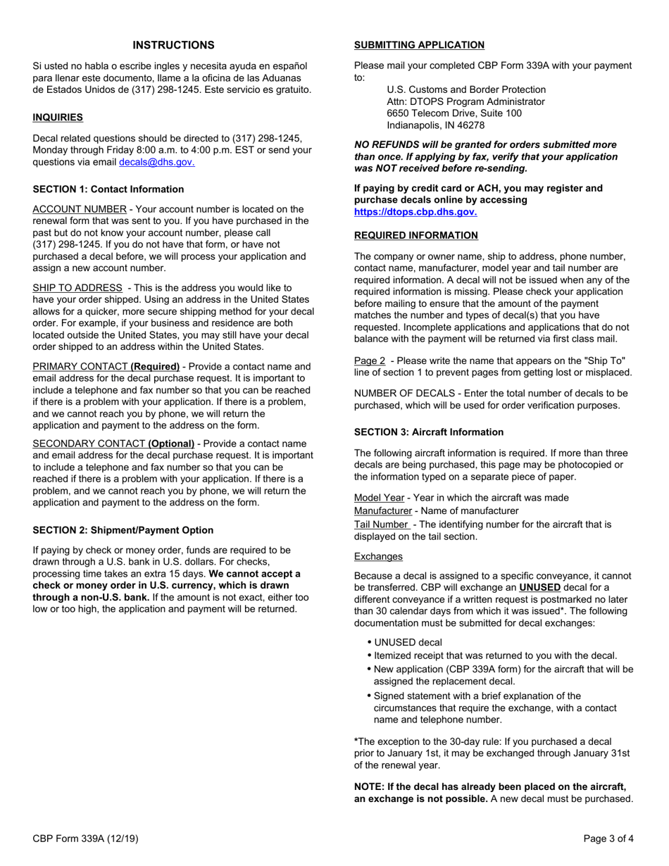 CBP Form 339A Annual User Fee Decal Request - Aircraft, Page 3