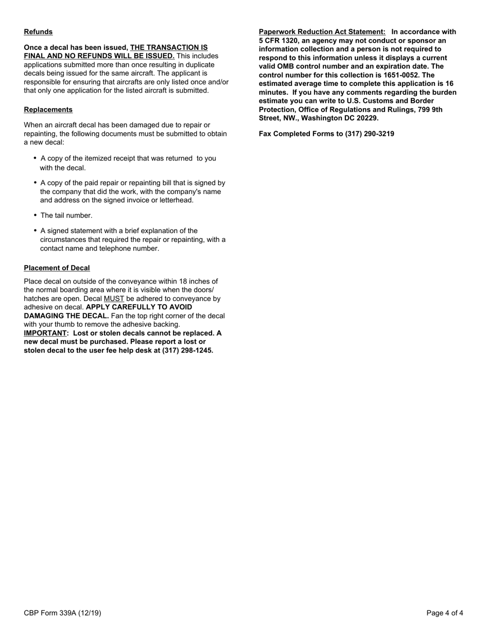 CBP Form 339A Annual User Fee Decal Request - Aircraft, Page 4
