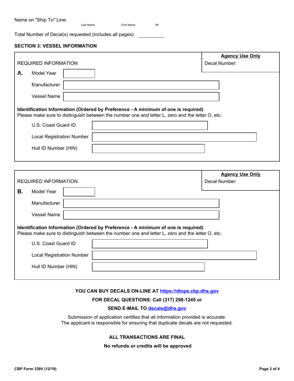 CBP Form 339V Annual User Fee Decal Request - Vessel, Page 2