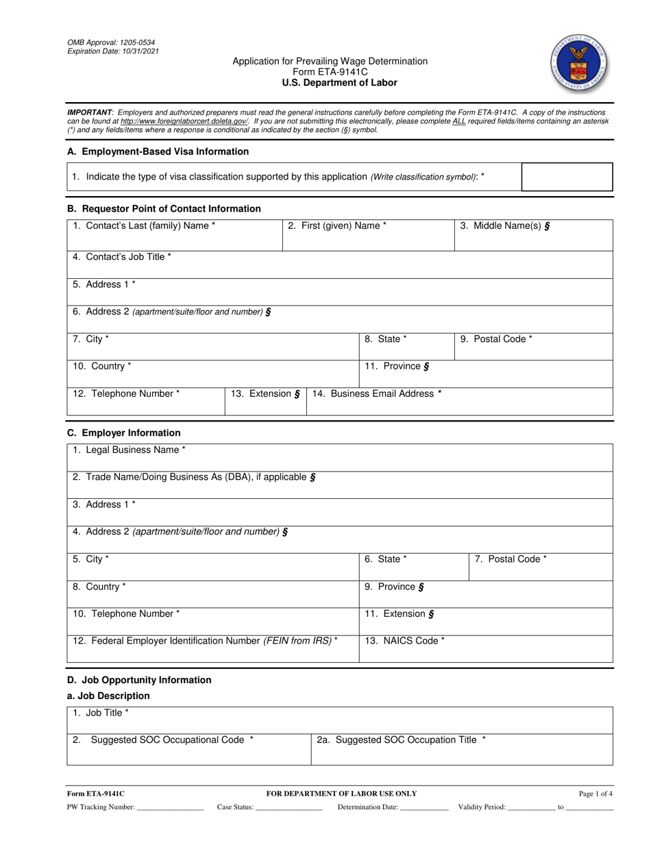 Form ETA-9141C Application for Prevailing Wage Determination, Page 1