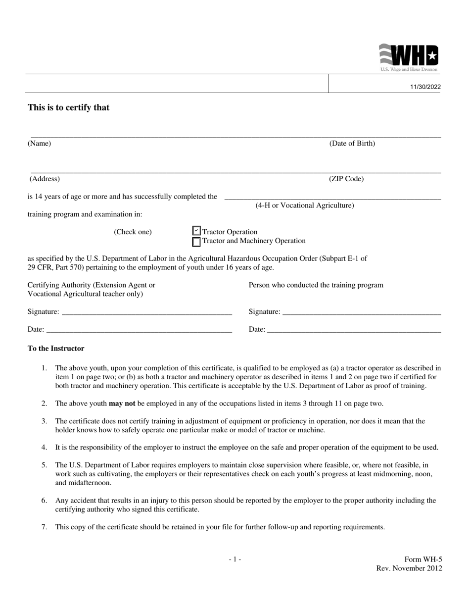 Form WH-5 Certificate of Training, Page 1