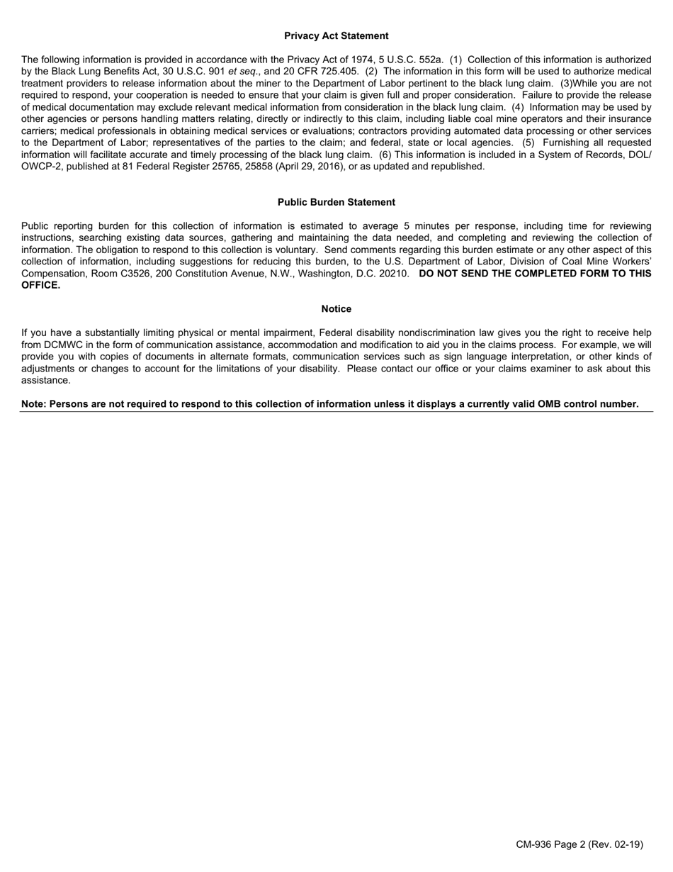 Form CM-936 Authorization for Release of Medical Information (Black Lung Benefits), Page 2