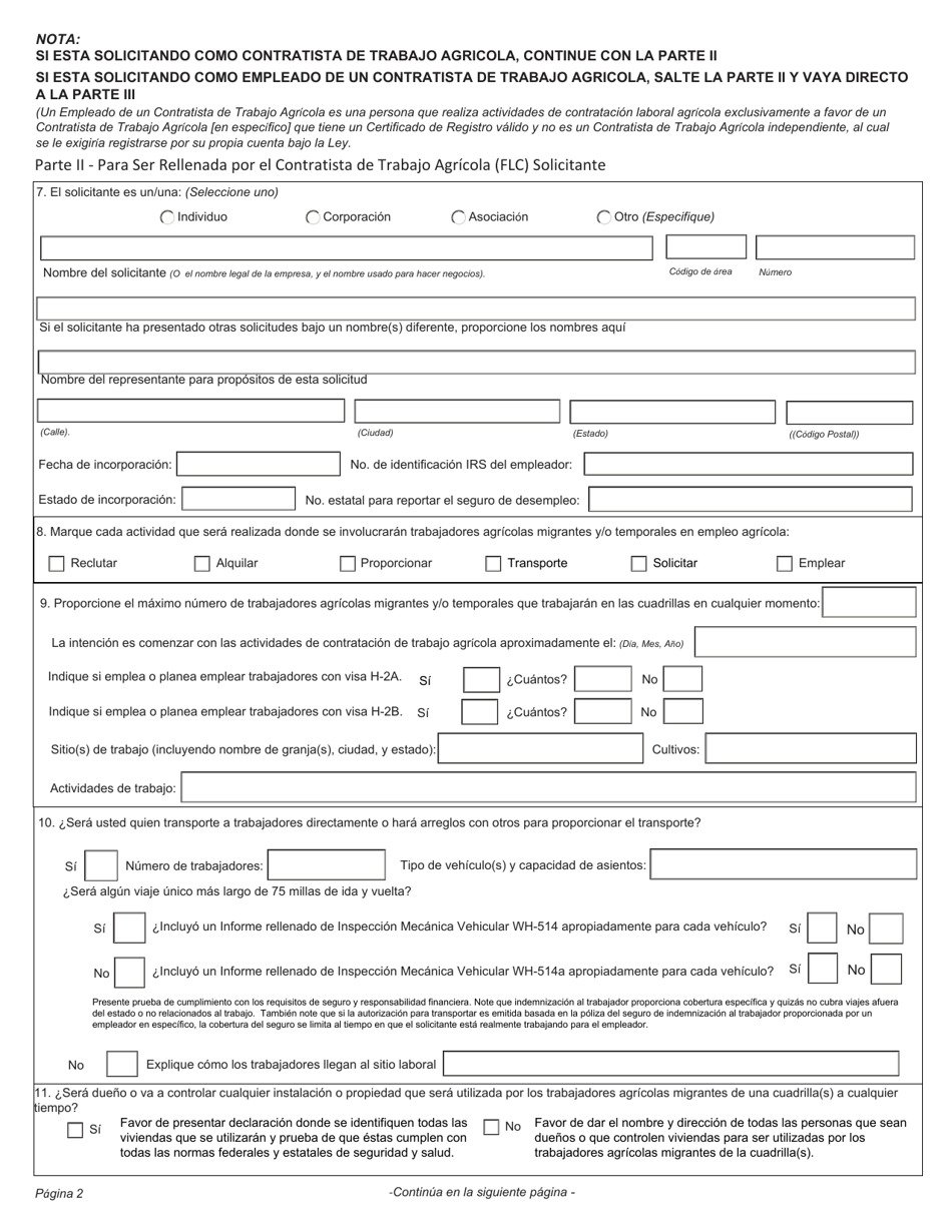 Formulario WH-530 Solicitud Para Contratista De Trabajo Agricola O Empleado De Contratista De Trabajo Agricola Certificado De Registro Ley De Proteccion Al Trabajador Agricola Migrante Y Temporal (Spanish), Page 2