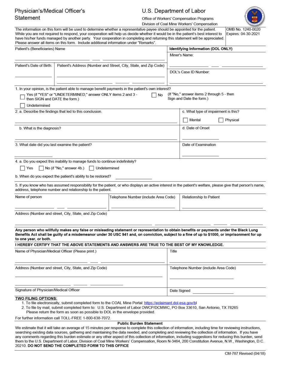 Form CM-787 Physicians / Medical Officers Statement, Page 1