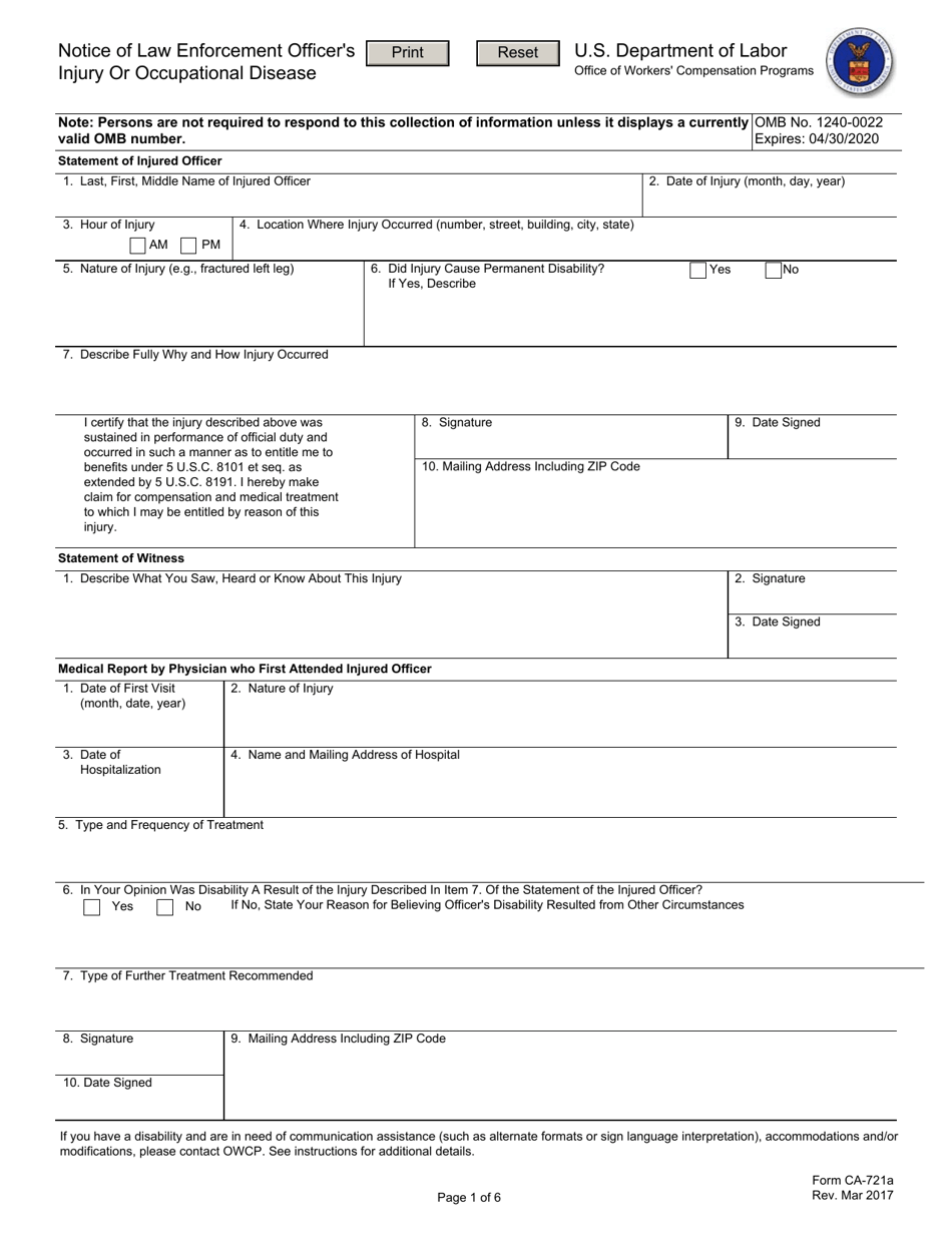 Form CA-721A Notice of Law Enforcement Officers Injury or Occupational Disease, Page 1