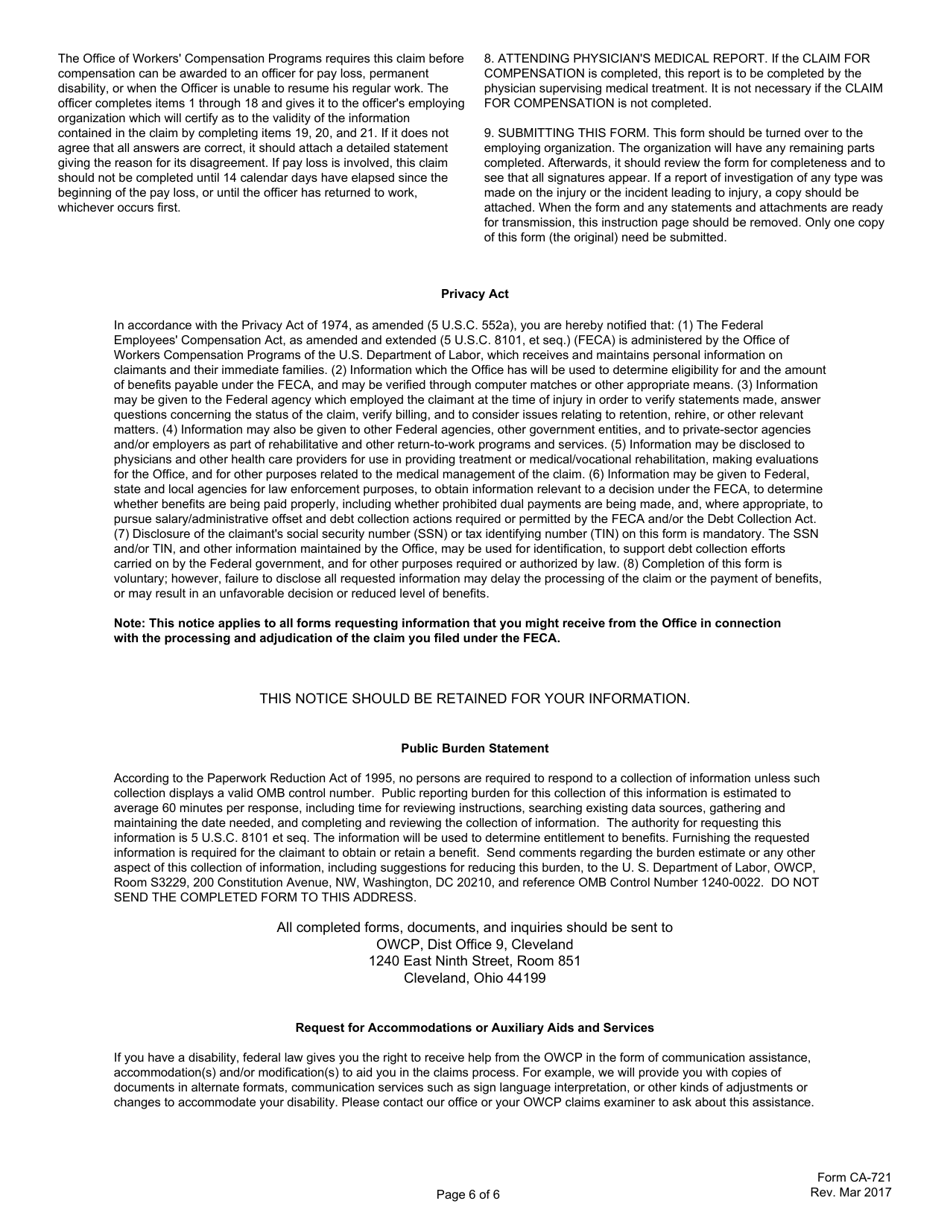 Form CA-721A Notice of Law Enforcement Officers Injury or Occupational Disease, Page 6