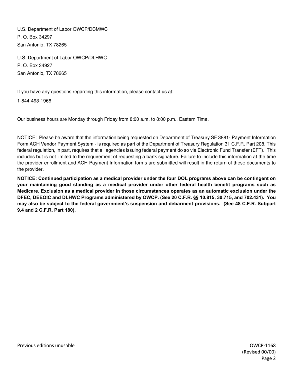 Form OWCP-1168 Provider Enrollment Form, Page 2