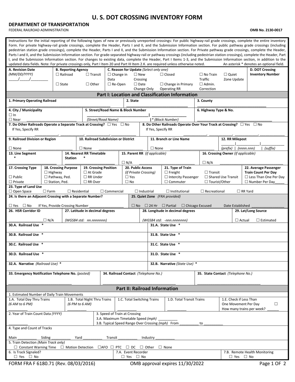 FRA Form 6180.71 U. S. Dot Crossing Inventory Form, Page 1
