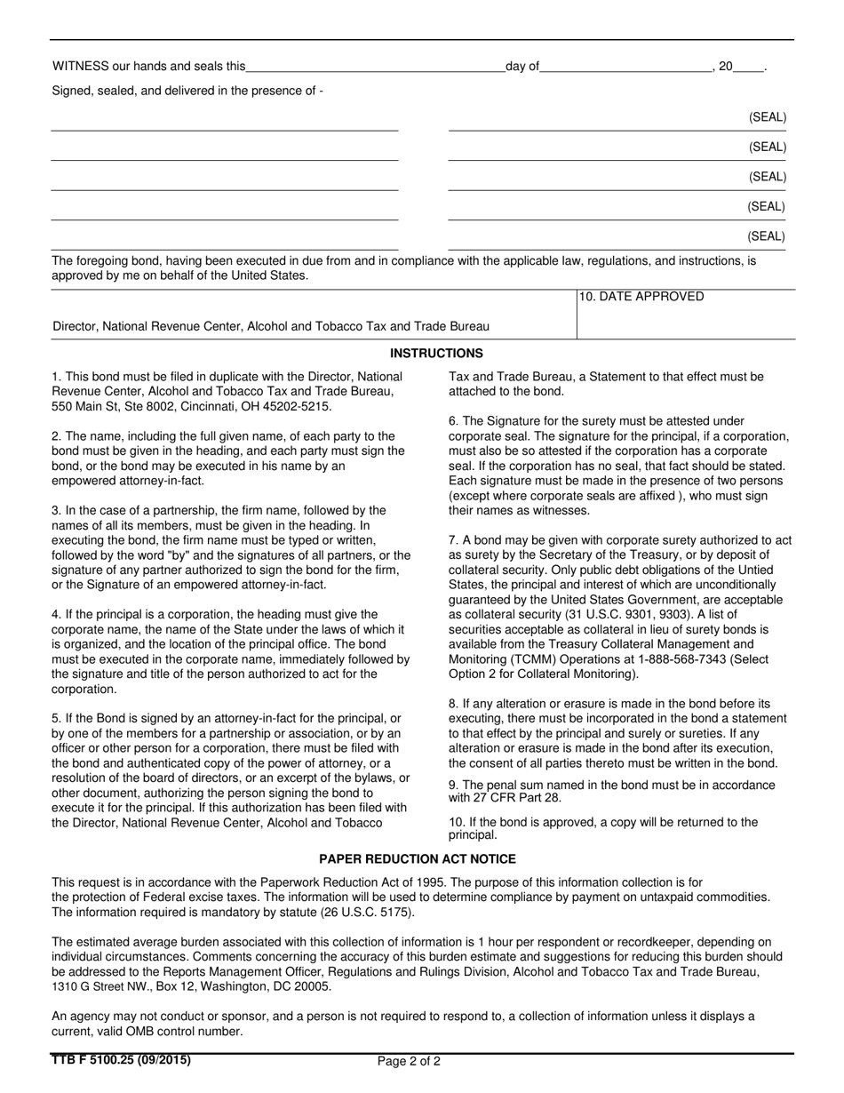 TTB Form 5100.25 Specific Export Bond - Distilled Spirits or Wine, Page 2