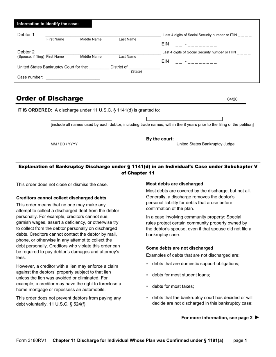 Form B3180RV1 Order of Discharge, Page 1
