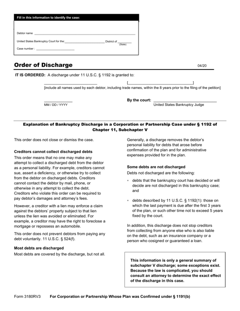 Form 3180RV3 Order of Discharge for Corporation or Partnership Whose Plan Was Confirmed Under 1191(B)