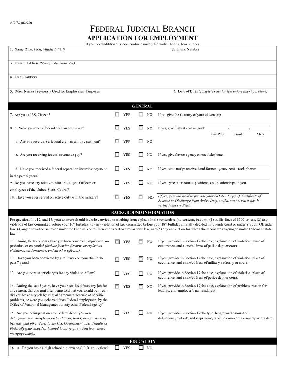 Form AO78 Application for Judicial Branch Federal Employment, Page 1