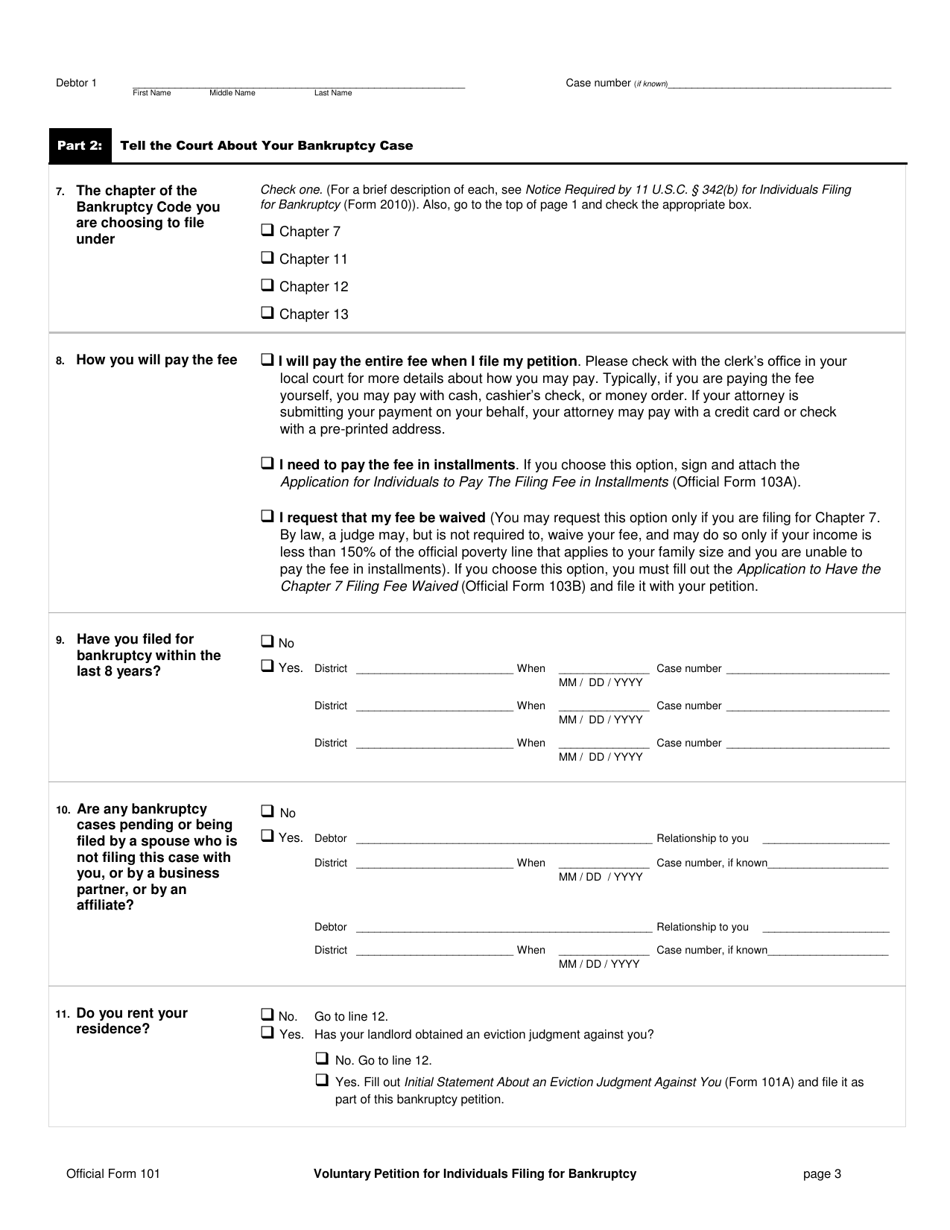 Official Form 101 Voluntary Petition for Individuals Filing for Bankruptcy, Page 3