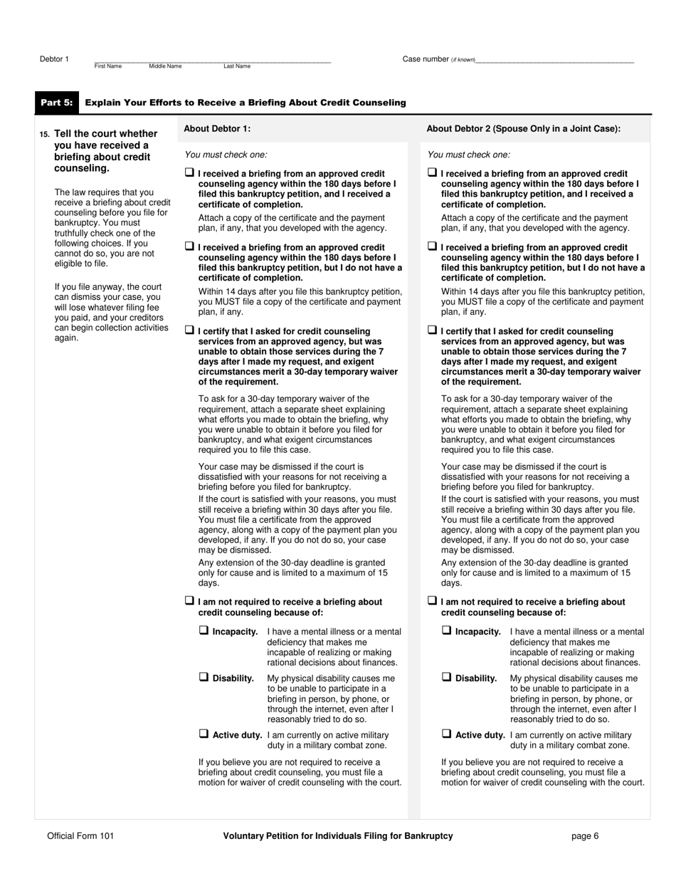 Official Form 101 Voluntary Petition for Individuals Filing for Bankruptcy, Page 6