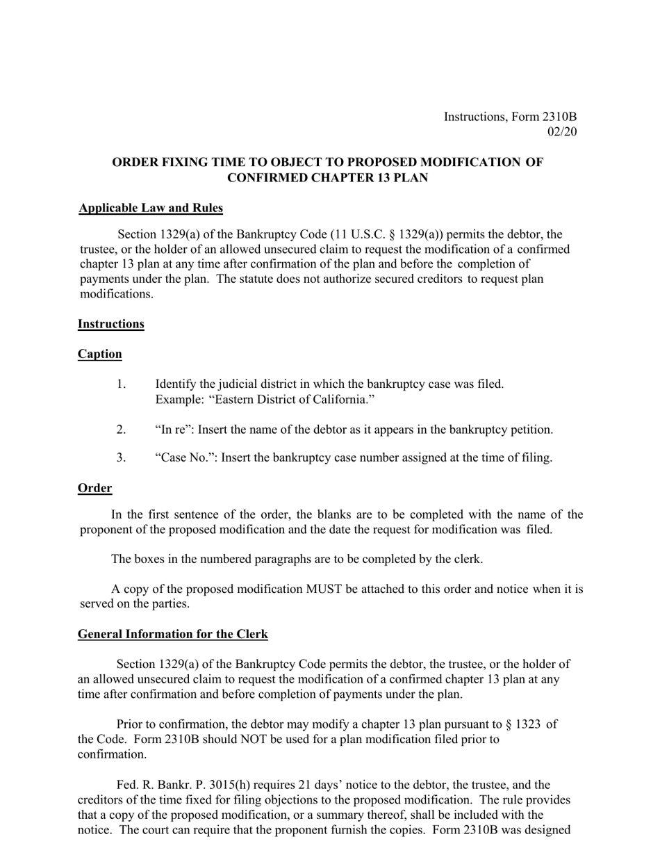 Instructions for Form B2310B Order Fixing Time to Object to Proposed Modification of Confirmed Chapter 13 Plan, Page 1