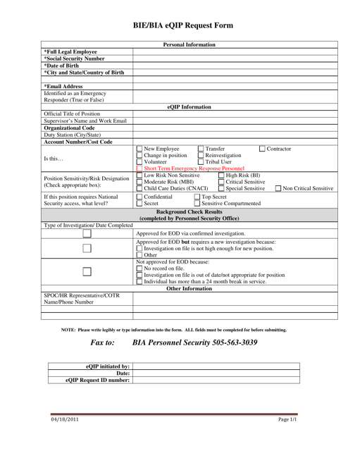 Bie / Bia Eqip Request Form Download Pdf