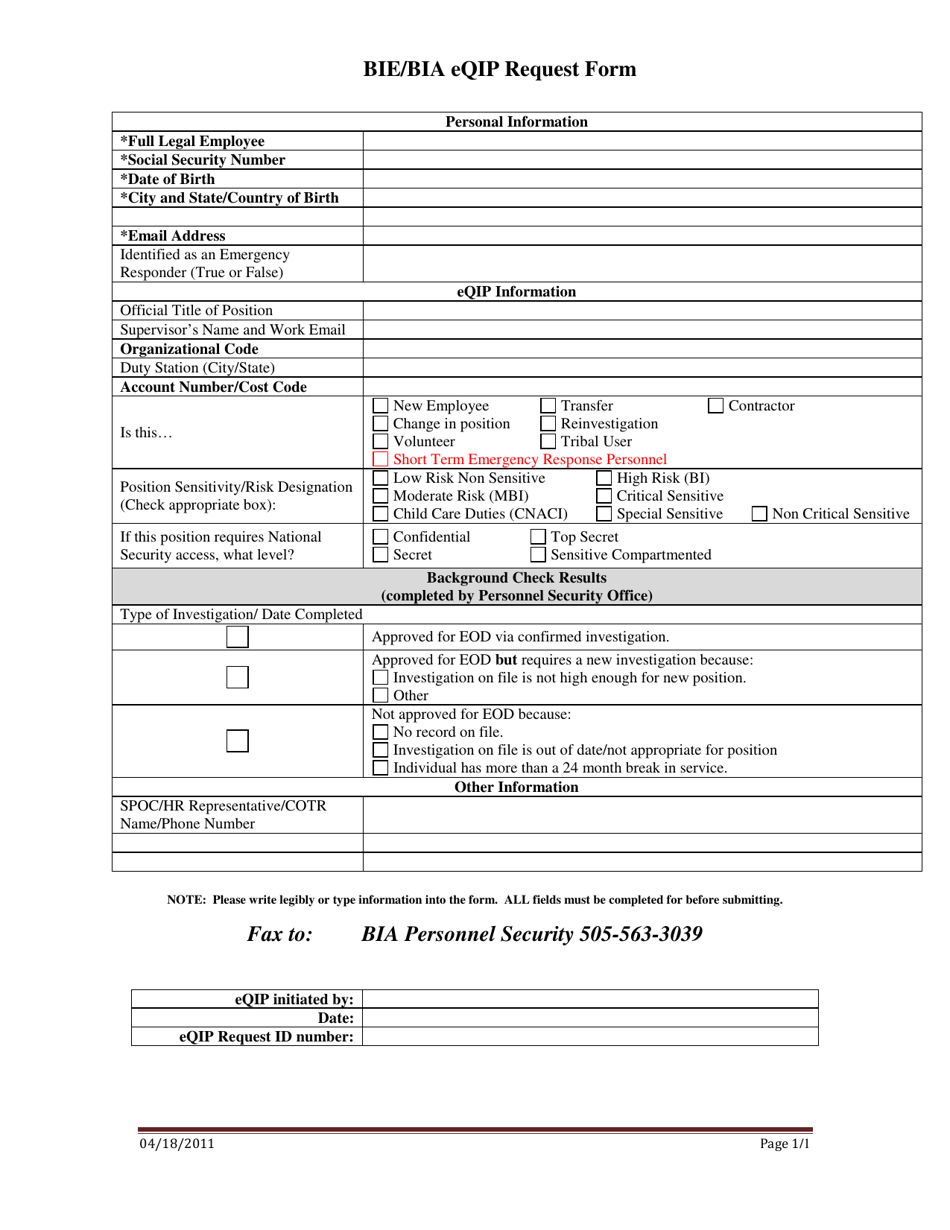 Bie / Bia Eqip Request Form, Page 1