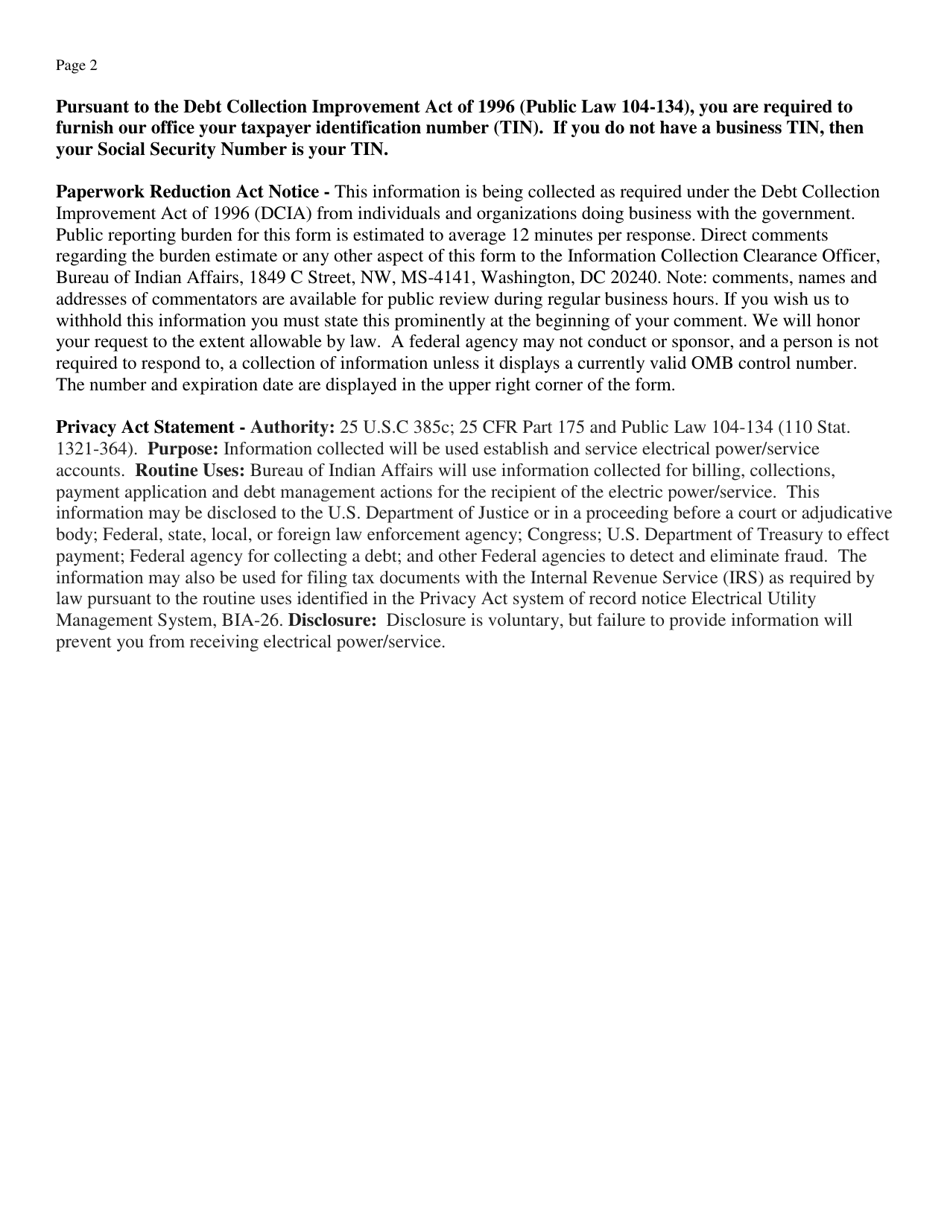 Form BIA-DWP-Pwr-101 Electrical Service Application, Page 2