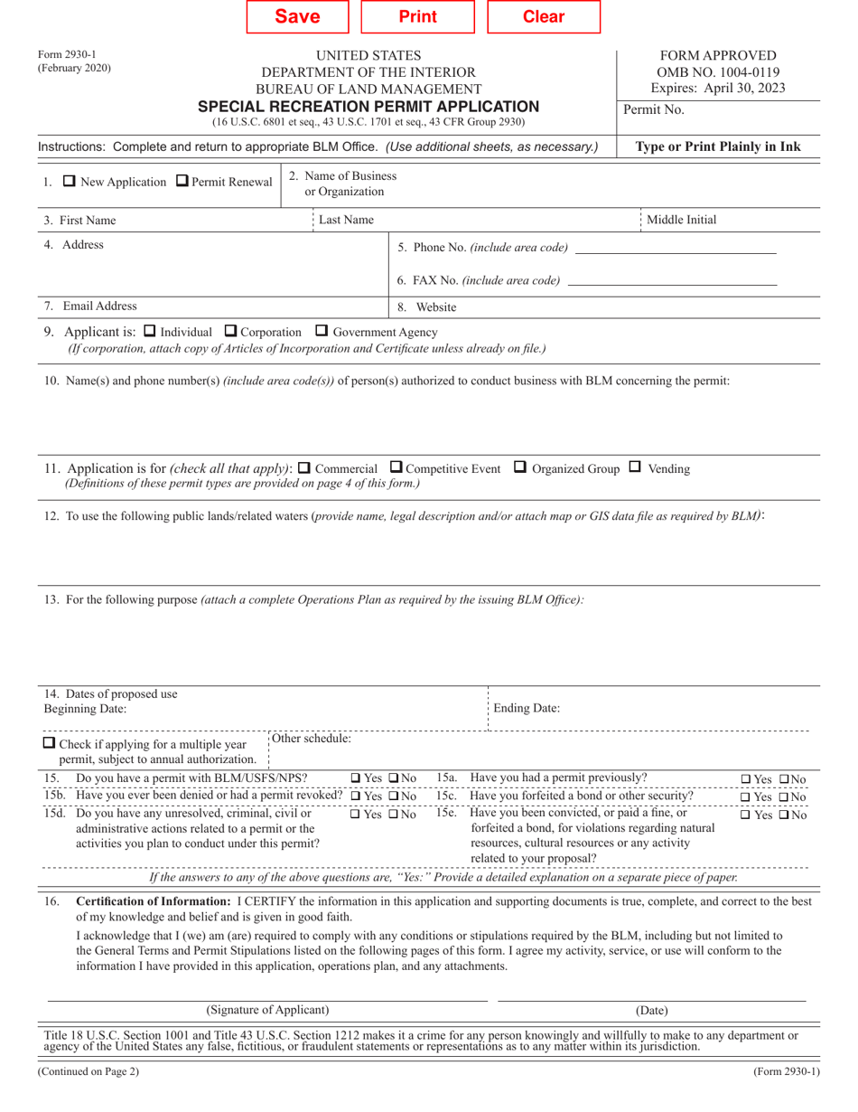 Form 2930-1 Special Recreation Permit Application, Page 1