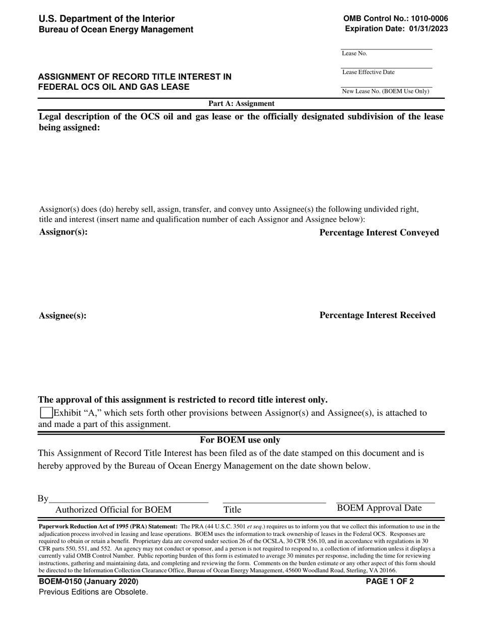 Form BOEM-0150 Assignment of Record Title Interest in Federal Ocs Oil and Gas Lease, Page 1