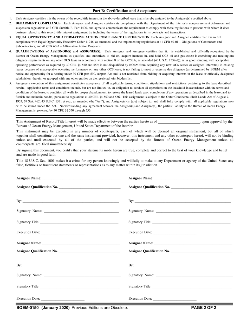 Form BOEM-0150 Assignment of Record Title Interest in Federal Ocs Oil and Gas Lease, Page 2