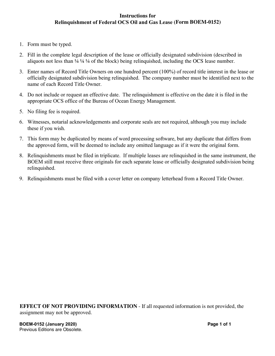 Instructions for Form BOEM-0152 Relinquishment of Federal Ocs Oil and Gas Lease, Page 1