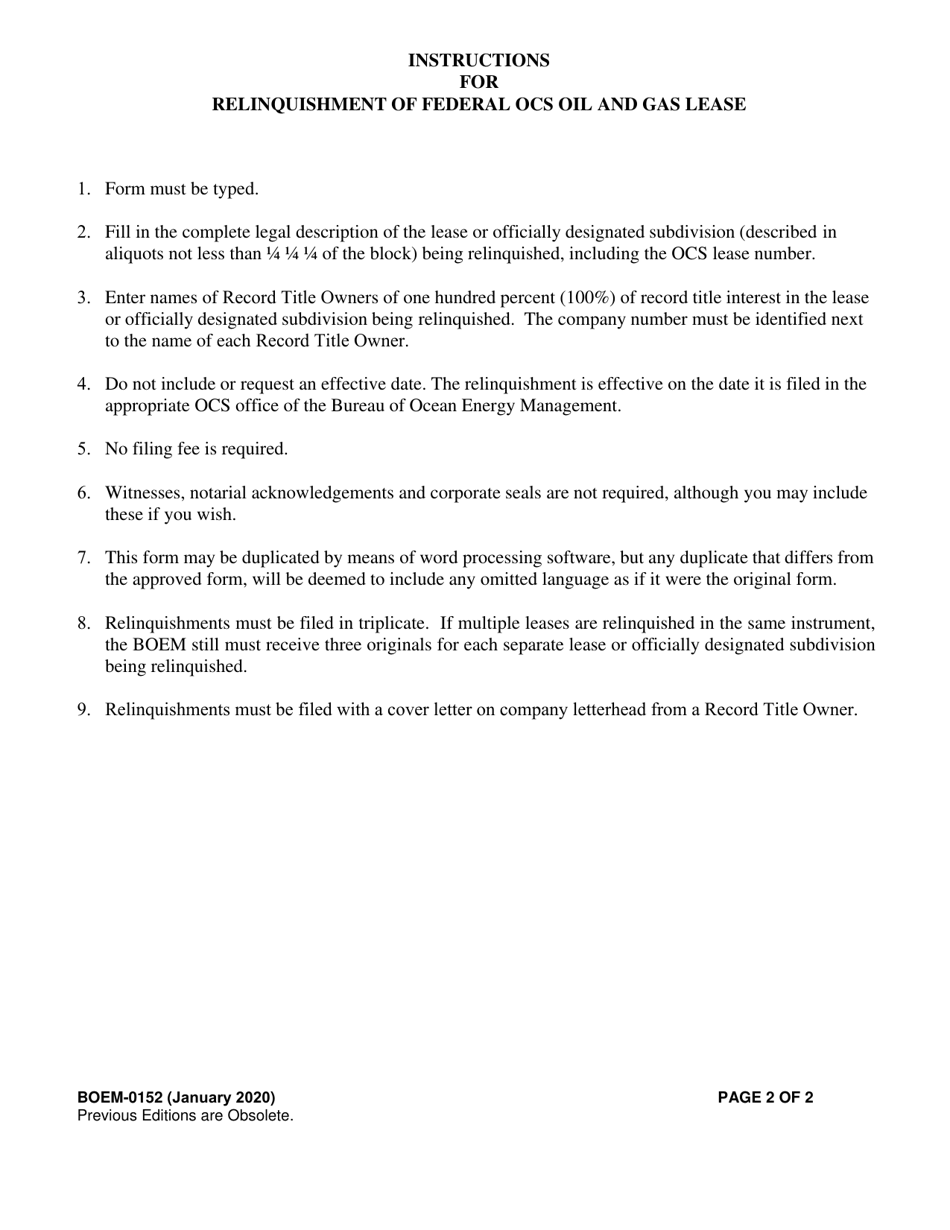 Form BOEM-0152 Relinquishment of Federal Ocs Oil and Gas Lease, Page 2
