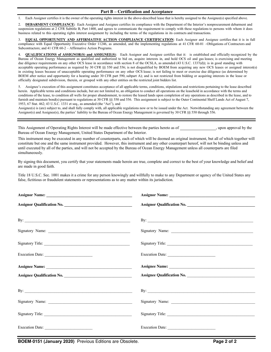 Form BOEM-0151 Assignment of Operating Rights Interest in Federal Ocs Oil and Gas Lease, Page 2