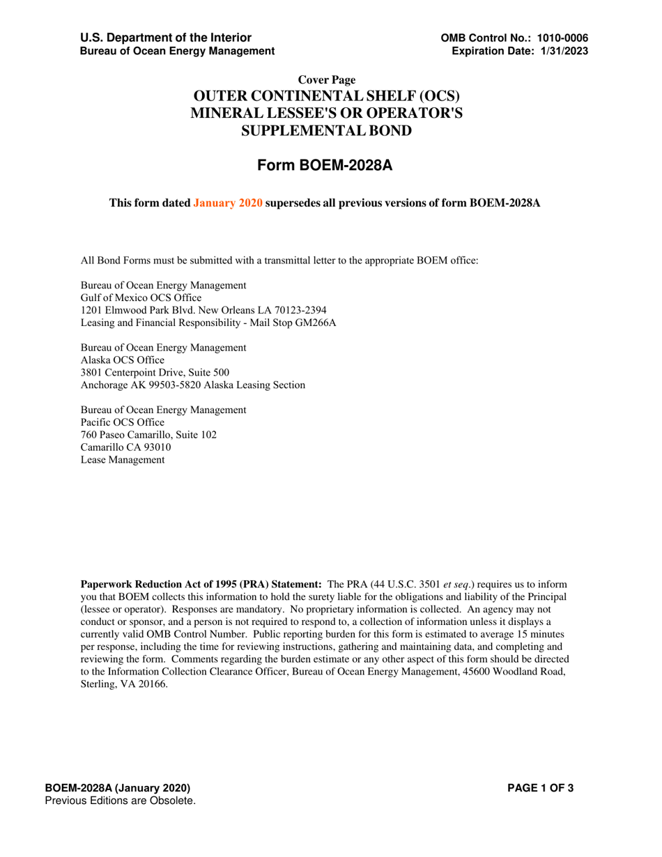 Form BOEM-2028A Outer Continental Shelf (Ocs) Mineral Lessees and Operators Supplemental Plugging and Abandonment Bond, Page 1