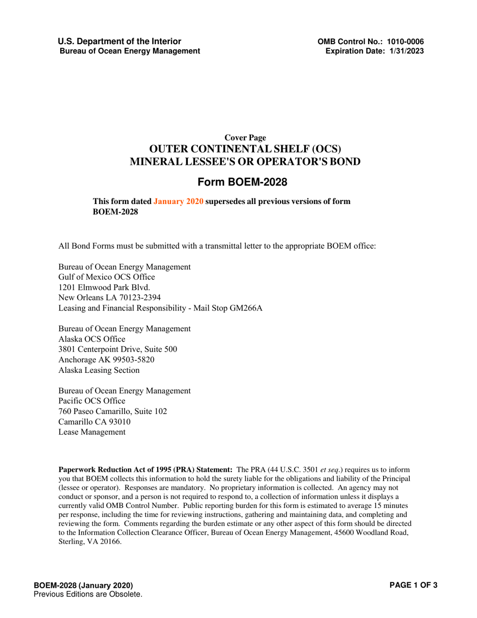 Form BOEM-2028 Outer Continental Shelf (Ocs) Mineral Lessees and Operators Bond, Page 1