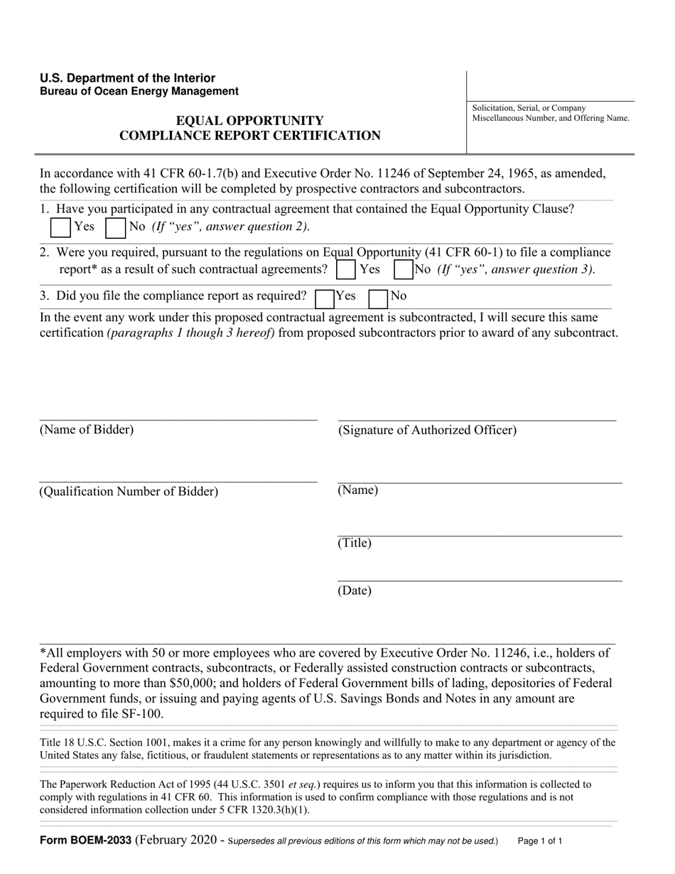 Form BOEM-2033 Equal Opportunity Compliance Report Certification, Page 1