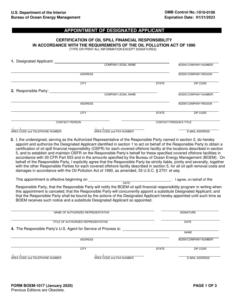 Form BOEM-1017 Appointment of Designated Applicant, Page 1