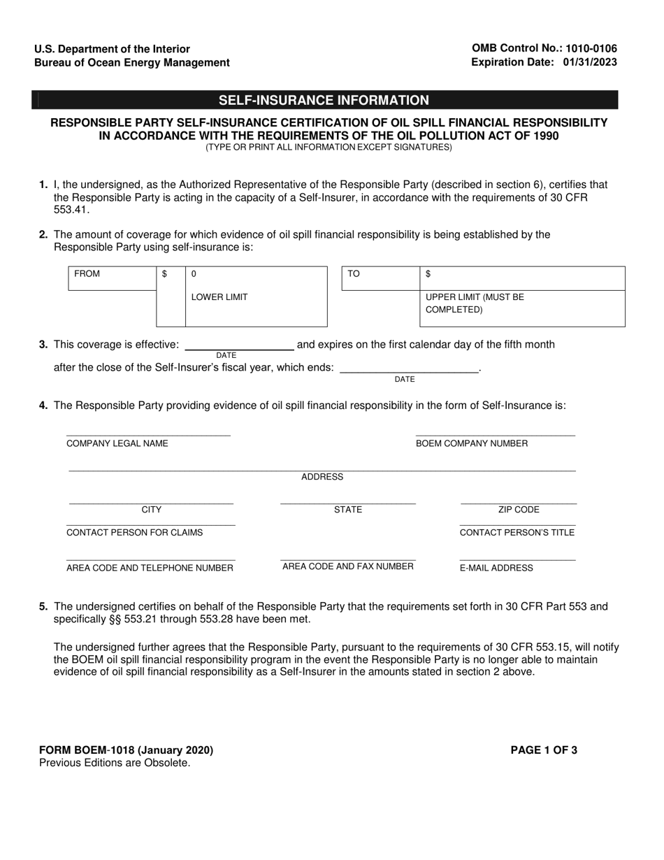 Form BOEM-1018 Self-insurance Information, Page 1