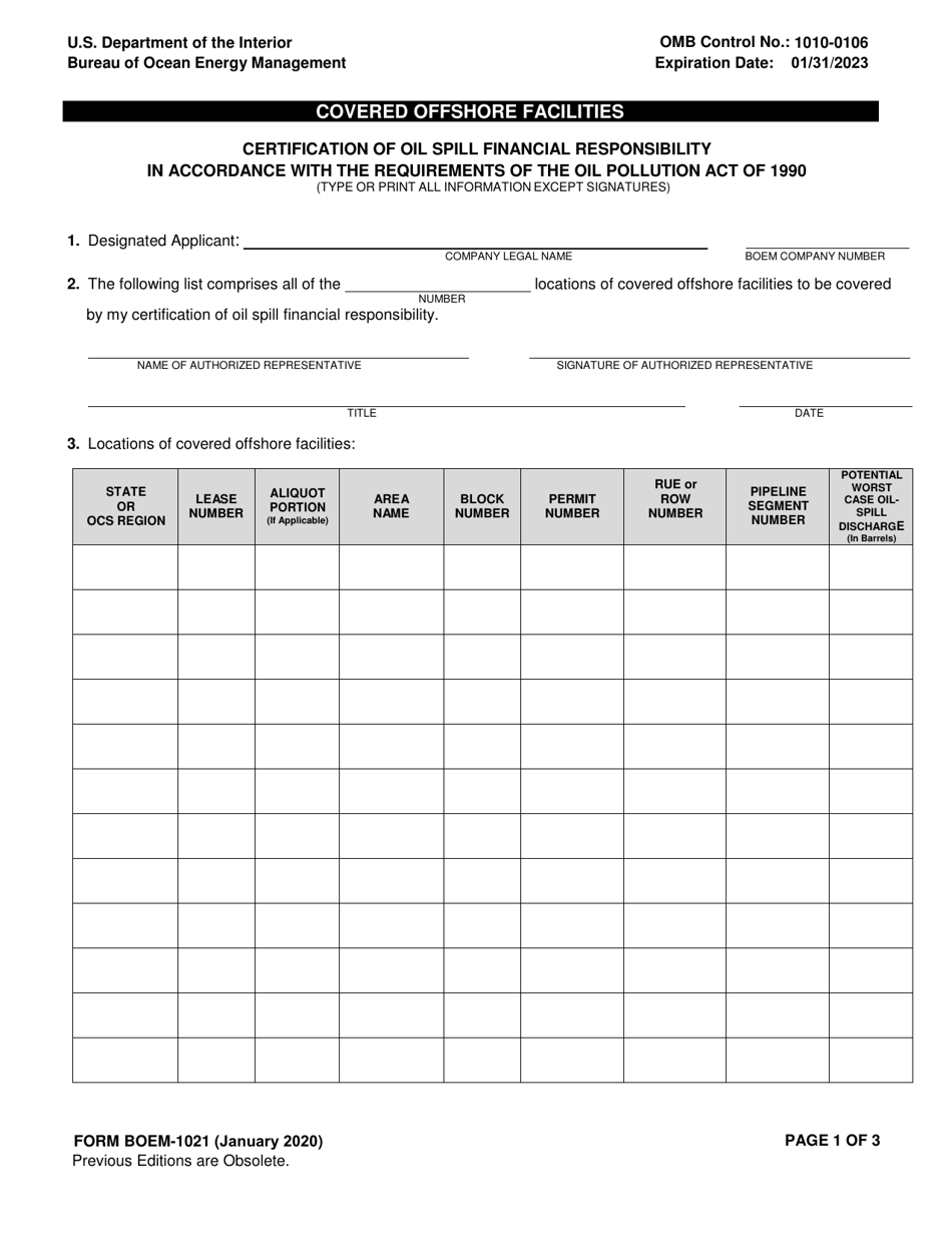 Form BOEM-1021 Covered Offshore Facilities, Page 1