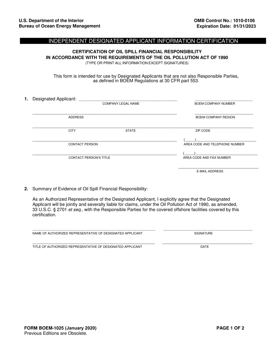 Form BOEM-1025 Independent Designated Applicant Information Certification, Page 1