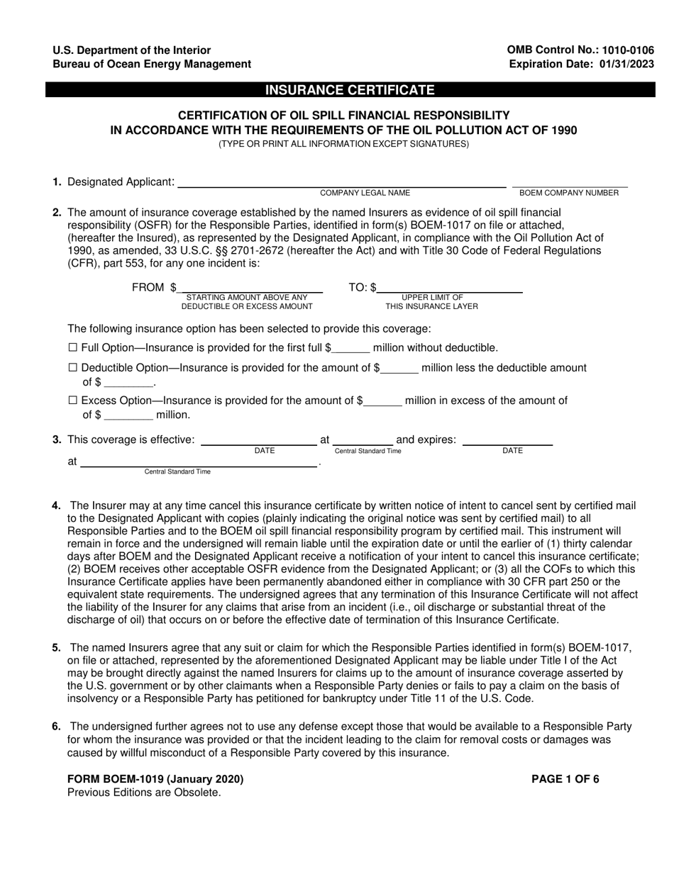 Form BOEM-1019 Insurance Certificate, Page 1