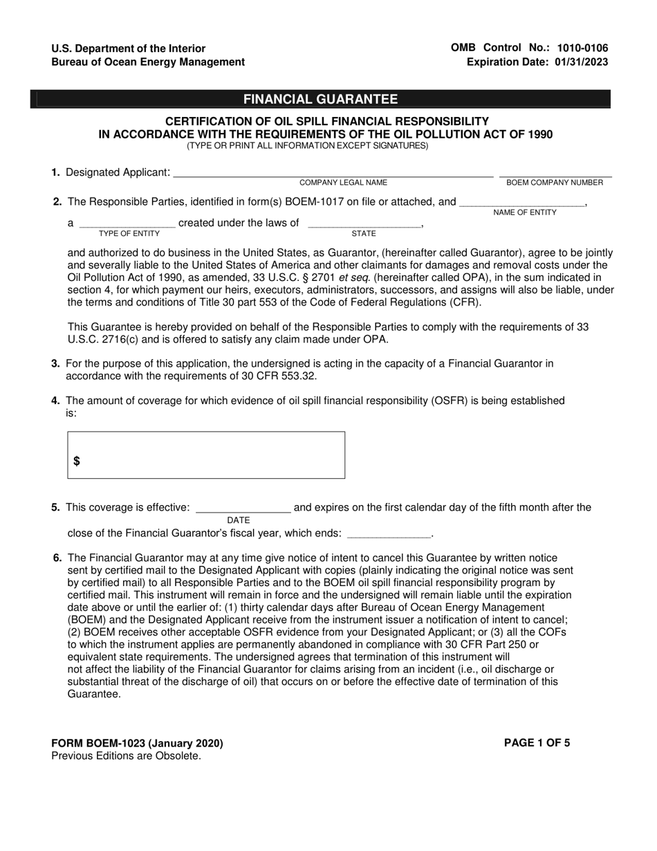 Form BOEM-1023 Financial Guarantee, Page 1