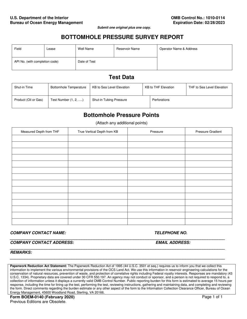 Form BOEM-0140 Bottomhole Pressure Survey Report, Page 1