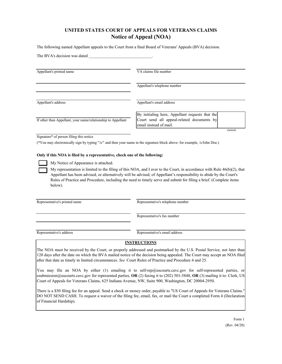 Form 1 Notice of Appeal (Noa), Page 1