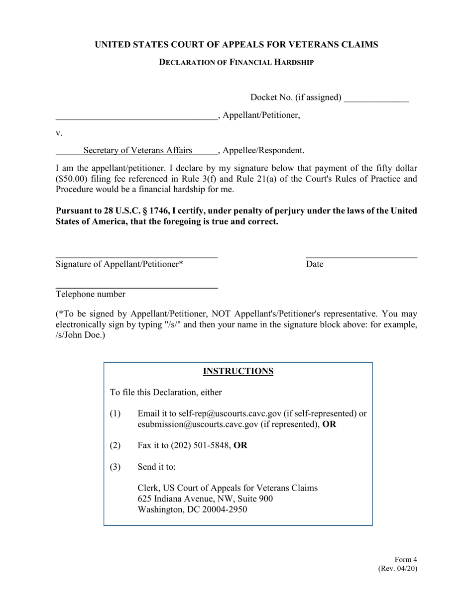 Form 4 Declaration of Financial Hardship, Page 1