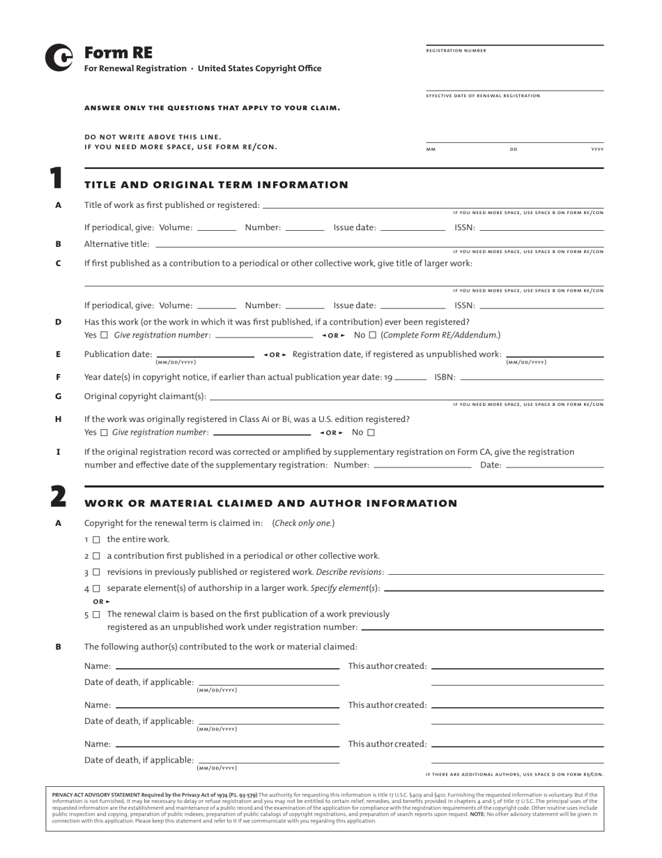 Form RE Download Fillable PDF or Fill Online Renewal Registration 2014 ...