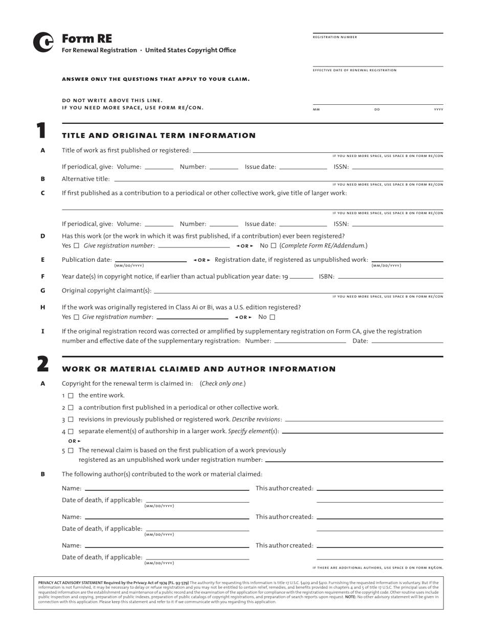 Form RE Renewal Registration, Page 1