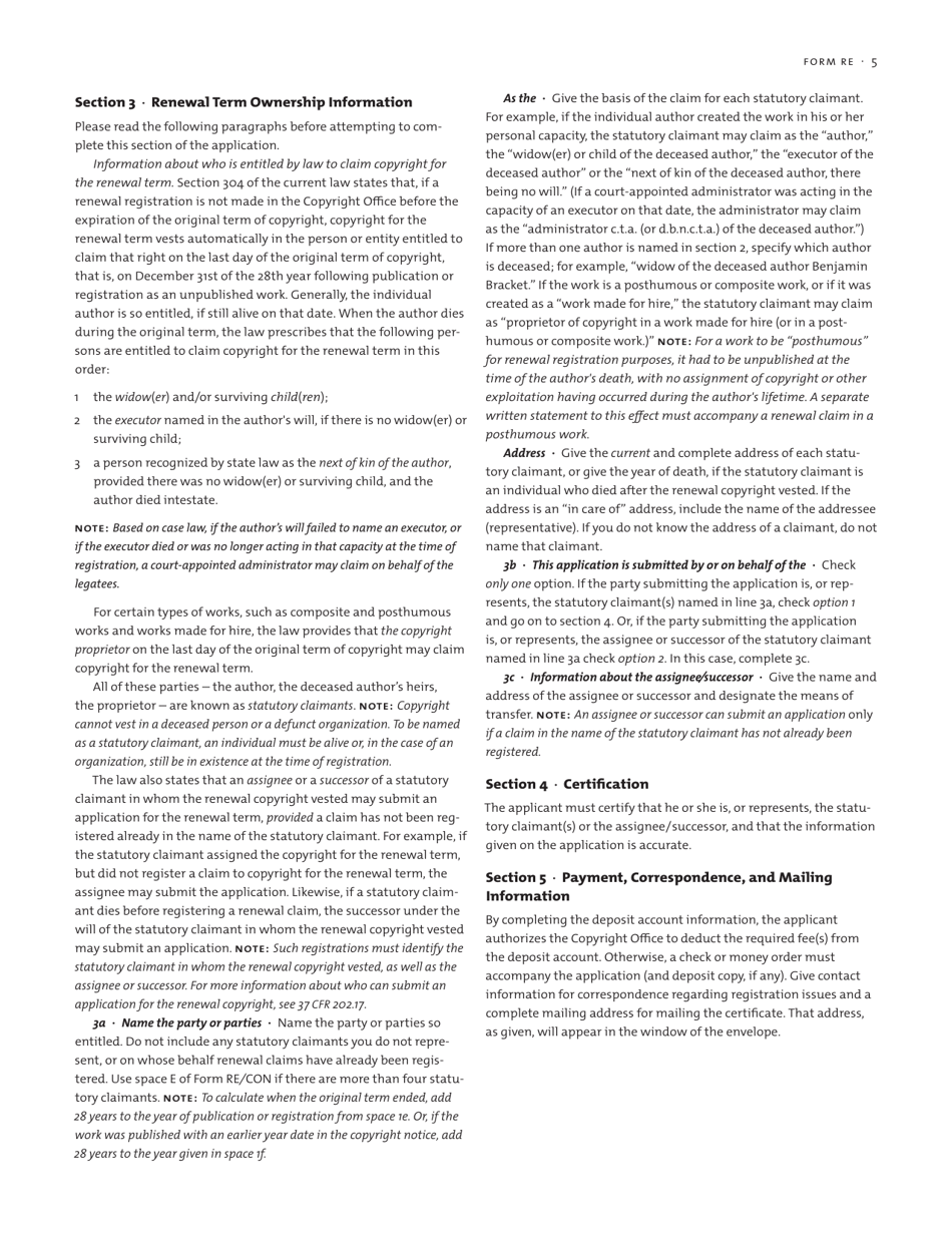 Form RE Renewal Registration, Page 5