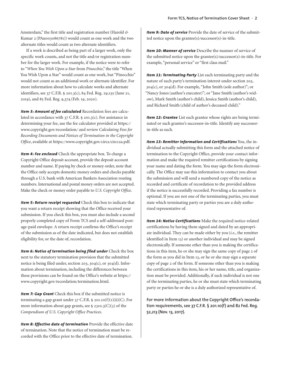 Form TCS Notice of Termination Cover Sheet Form, Page 2