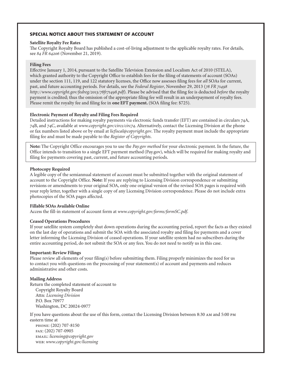 Form SC Statement of Account for Secondary Transmissions by Satellite Carriers of Distant Television Signals, Page 1