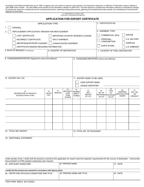FSIS Form 9060-6 Application for Export Certificate