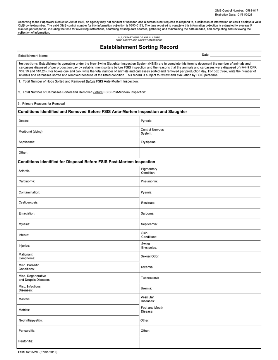 FSIS Form 6200-20 Establishment Sorting Record, Page 1